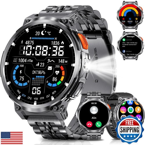 Podoeil 1,85" Big Screen Militär Smartwatch für Männer mit Taschenlampe, 730mAh