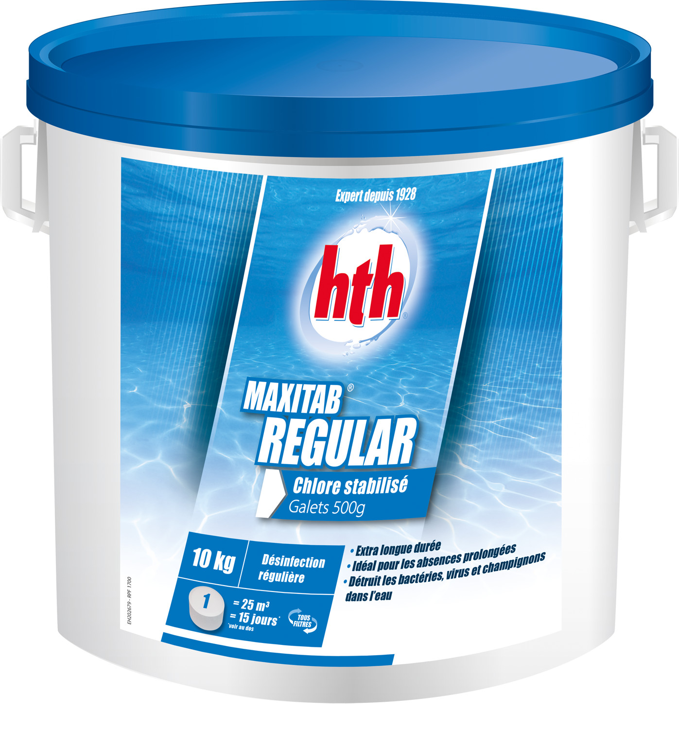 Chlore lent stabilisé pour entretien piscine familiale HTH Maxitab Regular 10kg