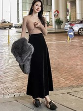 Gonna Lunga Donna Velluto Nero A Vita Alta Elegante Linea Svasata CF55927