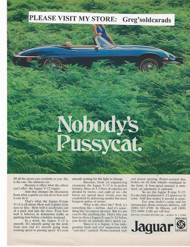 Original 1974  Jaguar E-Type Convetible vintage print ad:  "Nobody's Pussycat."