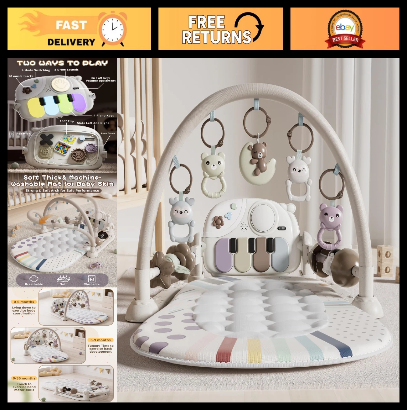 Baby Play Mat with Piano, Tummy Time Activity Gym & 5 Sensory Toys - Newborn Gif