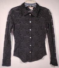 Whimsigoth Women's Lined Lace Top Sz S Black Button Up Fairy Grunge Coquette AD6