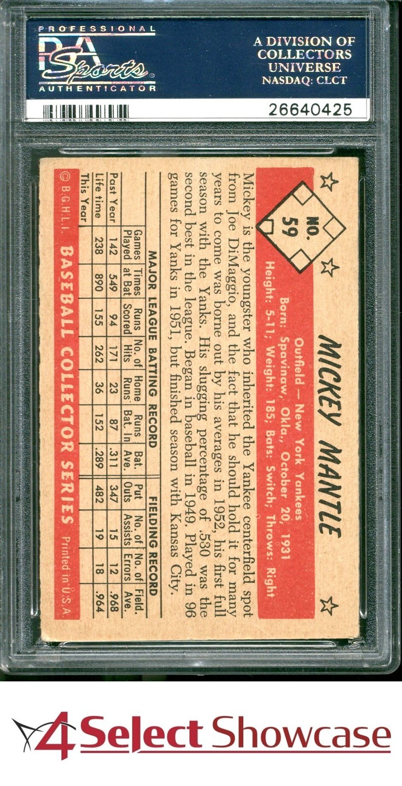 1953 BOWMAN COLOR #59 MICKEY MANTLE YANKEES HOF PSA 4.5 view 2
