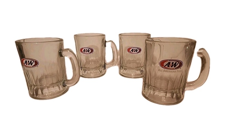 Vintage A&W Root Beer Small Mini Clear Glass Mugs ~3-1/4” Tall Lot of 4