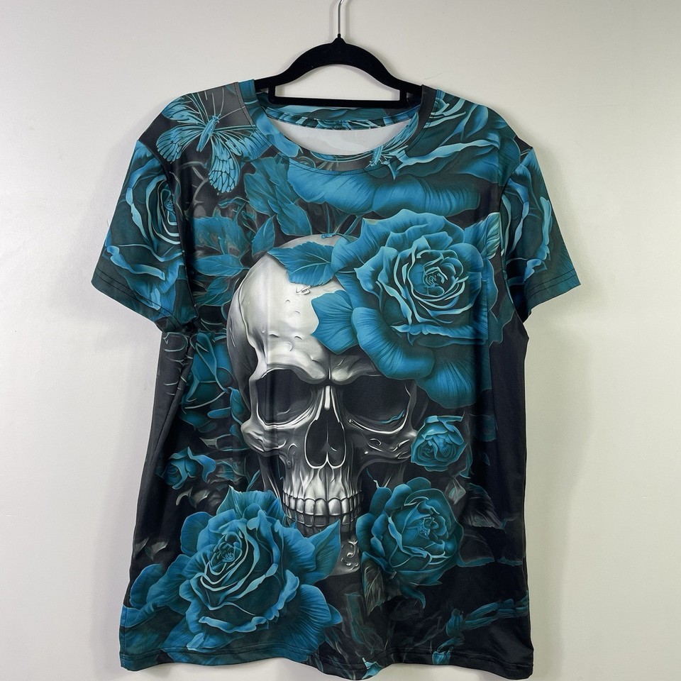 Shein Womens Size XL Size 14 Blue & Black Flower Skull Print Short Sleeve Tshirt