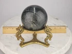 Black Marble Tourmaline Sphere 4" Ball - Vintage Brass Dragon Footed Stand Korea