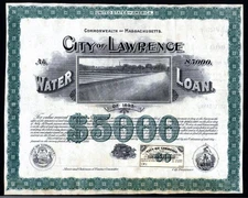 1893 Massachusetts - City of Lawrence Water Bond  - EX RARE Stock Certificate