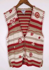 Koret Size Large Button-Up Beaded Sweater Vest Red White Tan Embroidered