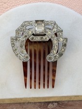 Vintage Art Deco Rhinestone Crystal Brown Tortoiseshell Hair Comb Accessory WOW