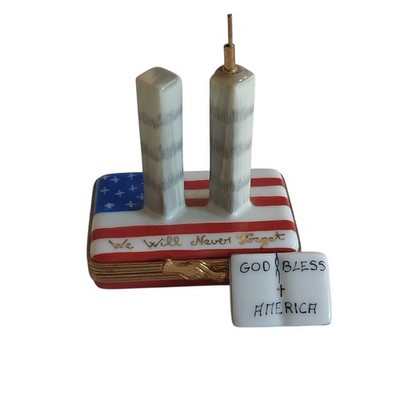 Limoges Peint Main Twin Towers USA Flag 9-11 Remembrance Eximious Trinket Box
