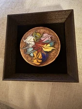 Vintage framed Manor enamel on copper abstract art disc On Felt And Frame