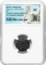 Sicily, Syracuse 275-215 BC AE Hieron II NGC VF Poseidon, Trident & Dolphins