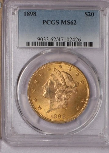 1898 Gold Liberty Head $20 PCGS MS62. Scarce date Double Eagle.