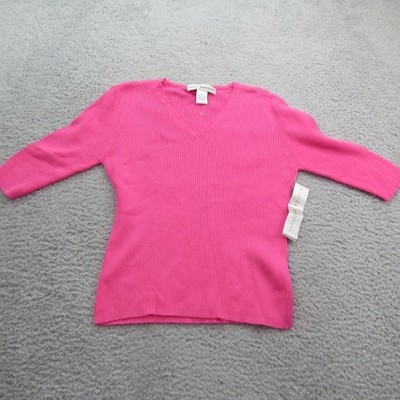 Linda Matthews Pink Cotton Ribbed Knit V-Neck 3/4 Sleeve Sweater Medium