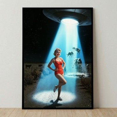 UFO Abduction Pin-Up Poster   Classic Sci-Fi Beam Scene