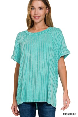 ZENANA TURQUOISE RIBBED RAGLAN DOLMAN SLEEVE BOAT-NECK TOP S/M and L/XL