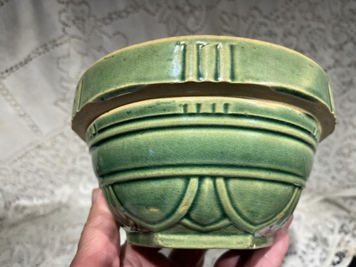 Antique McCoy Stoneware 6.5” Green Glaze Bowl w/ Hex Bottom - Picture 5 of 13