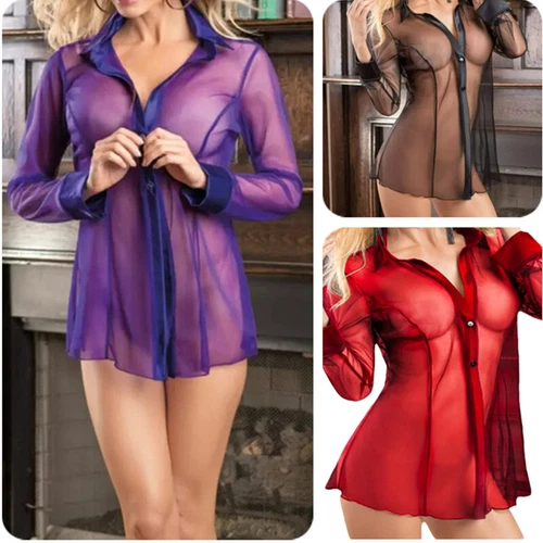 Sexy See Through Lingerie Women Dress Mesh Shirt Bodysuit Clubwear Pajamas Tops