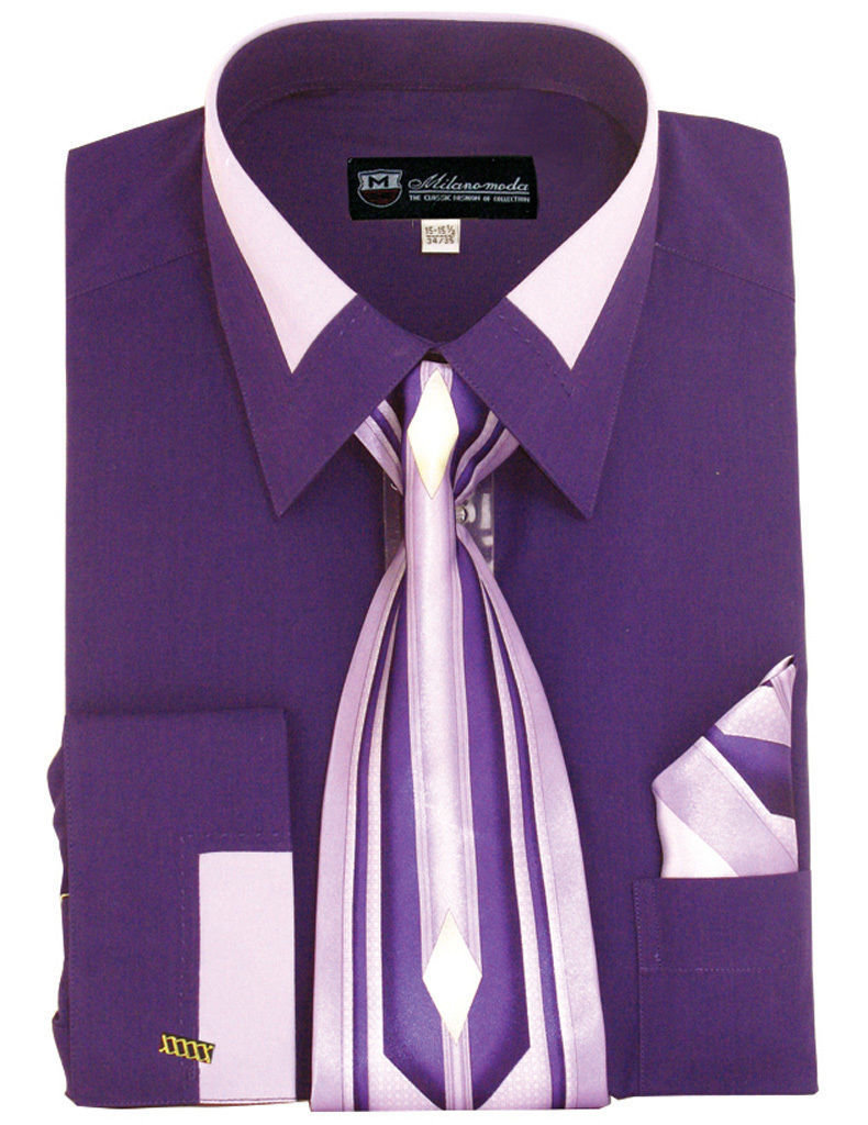 Solid French Cuff Matching Tie+Handkerchief Style Multi-Color Men's Dress Shirt main image 0