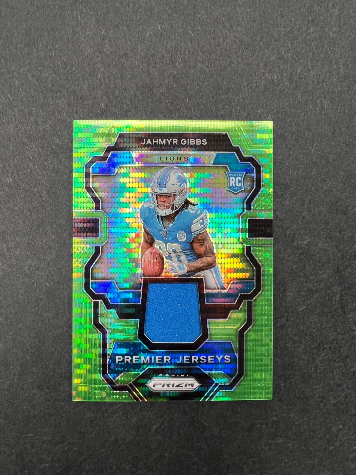 2023 Prizm #PJ-JG Jahmyr Gibbs Rookie Premier Jersey Patch Neon Green Pulsar