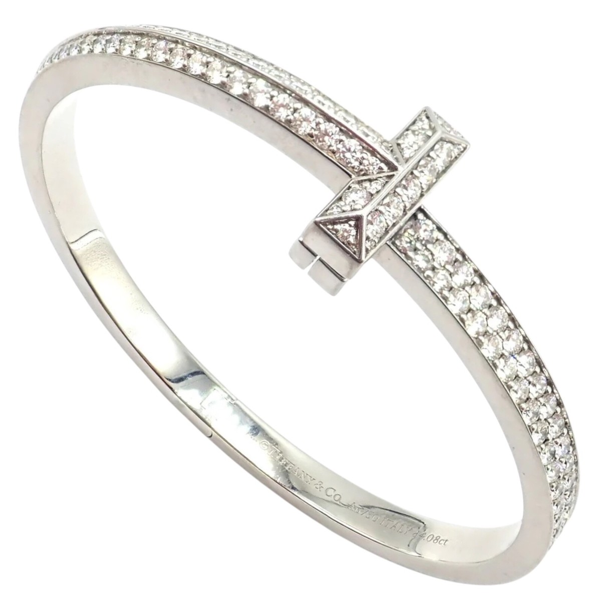 For ティファニー Authentic! Tiffany & Co 18k White Gold Diamond T1 Wide Hinged