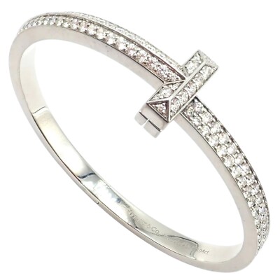 Authentic! Tiffany Co 18k White Gold Diamond T1 Wide Hinged