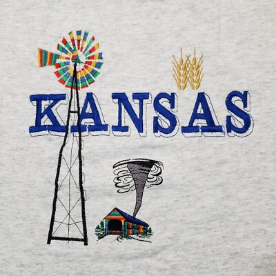 BELTON Vtg Kansas T-Shirt Mens M Embroidered Gray Pre Shrunk Short Sleeve Cotton