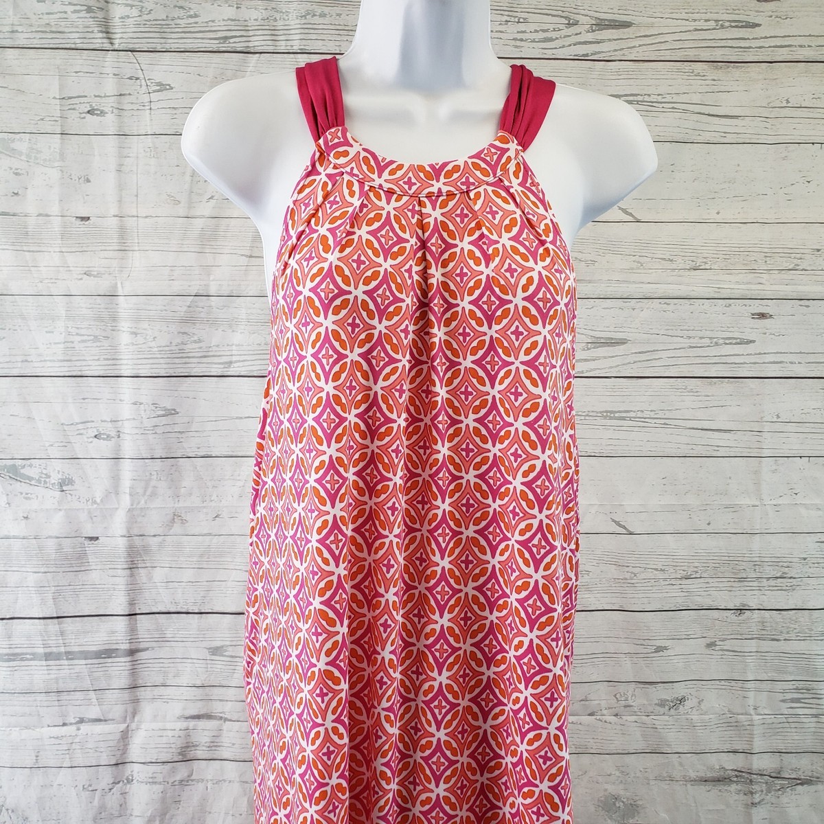Mud Pie Womens Printed Dress Sz Medium Pink Orange Sleeveless Scallop Hem