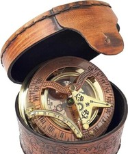 Messing Sonnenuhr Kompass Maritim Antik Vintage Lederetui Handarbeit Geschenk...