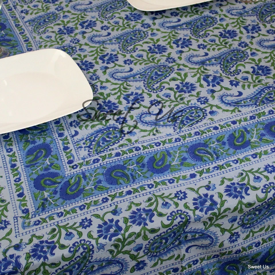 Cotton Paisley Floral Block Print Tablecloth Rectangle Blue Kitchen Dining Linen - Image 3 of 4