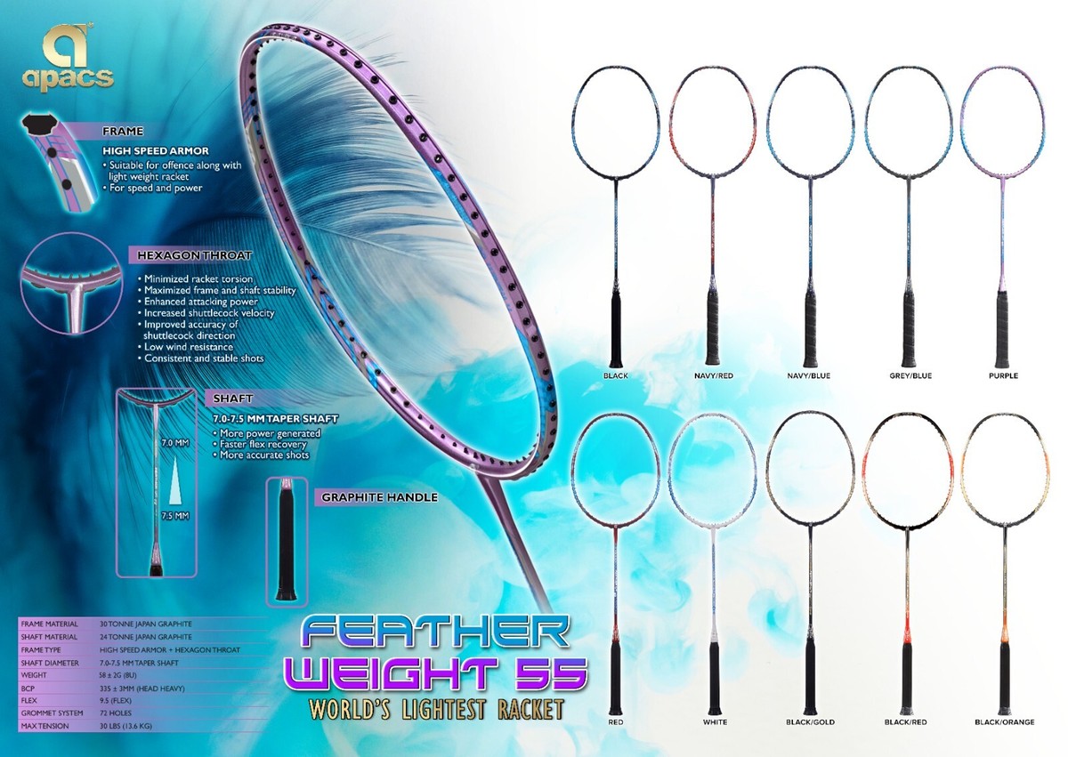 APACS FEATHER WEIGHT 55 G.BLUE 8U FREE STRING AND GRIP *FREE SHIRT