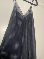 Victoria  s Secret Navy Polka Dot Satin Nightgown Slip With Lace Sz L