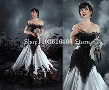 Victorian Gothic Punk Wedding Dress One Shoulder Black and White Mermaid Bridal