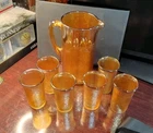 Jeanette Marigold 8 Inch Tree Bark Carnival Glass Pitcher 6 4 Inch Glasses Set