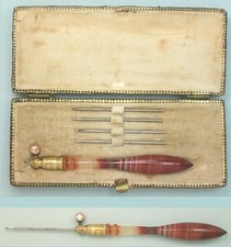 Antique Cased Agate Tambour / Crochet Hook Set * English * Circa 1870