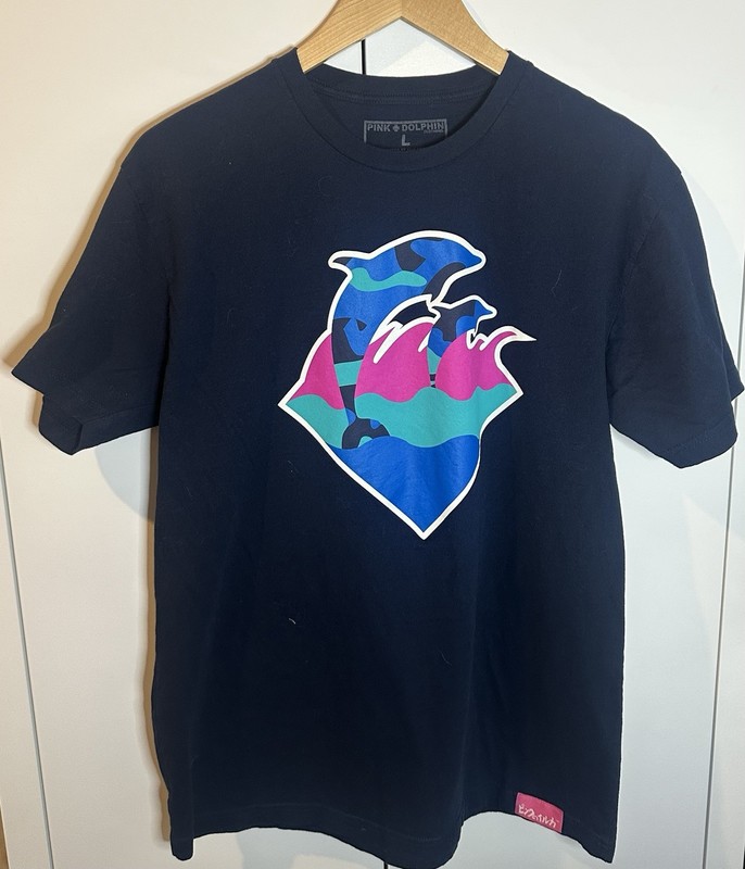 Pink Dolphin Black Graphic Logo Crew Neck T-Shirt Size L Legendary Rare Vintage