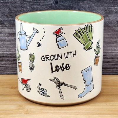 Garden Lover Planter Utensil Holder Green Plant Ceramic Blue Sky 6.5in Embossed