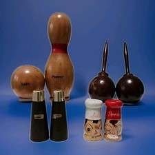 Vintage MCM Wood LOT Salt  Pepper Shakers 50  s BOWLING ATOMIC CHEFS MARACHAS