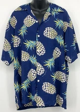 Kona Bay Mens Large Pineapple Aloha Button Up Shirt Blue Yellow Short Sleeve EUC