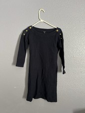Talbots Navy Knit Sweater Dress Button Accent Boat Neck 3/4 Sleeve Knee Length P