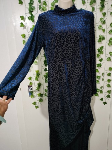 Plt blue velvet longsleeve ruched side dipped hem midi maxi dress size UK 16 - Picture 7 of 17