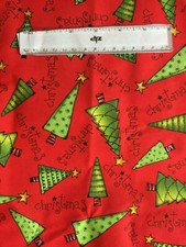 Tossed Christmas trees,gold stars on red fabric BT Fat Quarter