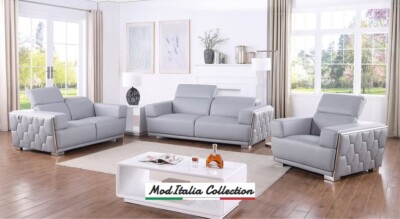 GENUINE Italian Leather Light Blue 3PC Sofa Loveseat Chair Gray Living Room Set