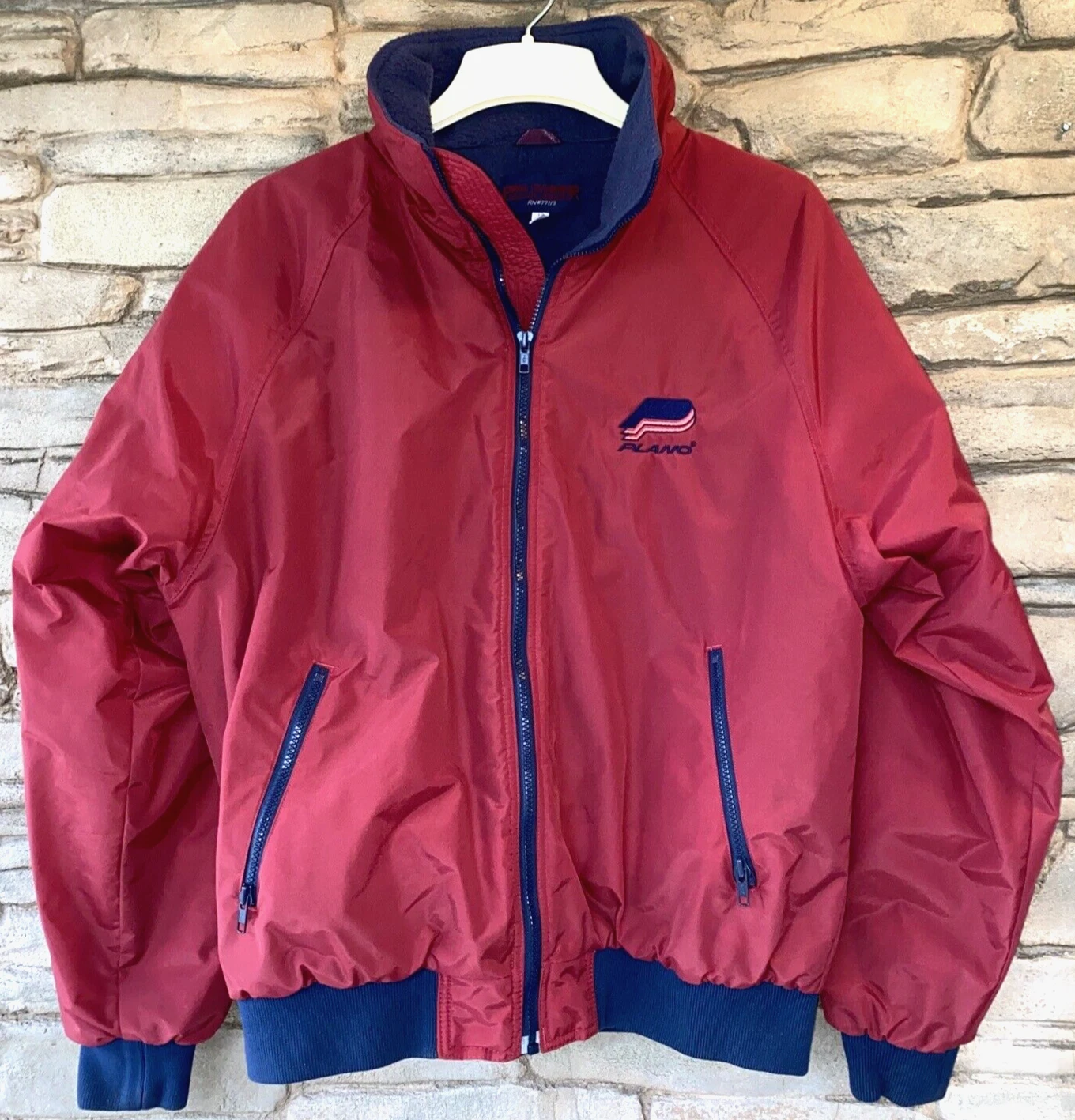 Fishing Jacket PLANO Full Zip Nylon Fleece Lined Mens LARGE Embroidered Red VTG
