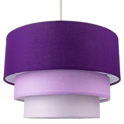 HAPPY HOMEWARES Contemporary Round Triple Tier Purple/Lilac Cotton Fabric Pendant Light Shade...