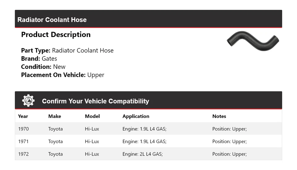 For 1970-1972 Toyota Hi-Lux Radiator Coolant Hose Upper Gates 1971 - Image 2 of 4