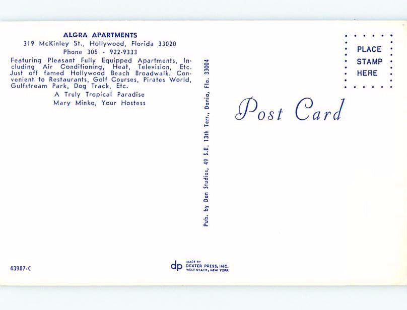 Unused Pre1980 APARTMENT MOTEL Hollywood Near Miami Florida FL c3021