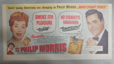 Phillip Morris Cigarette Ad: I Love Lucy, Lucille Ball 1950's 7.5 x 15  inches