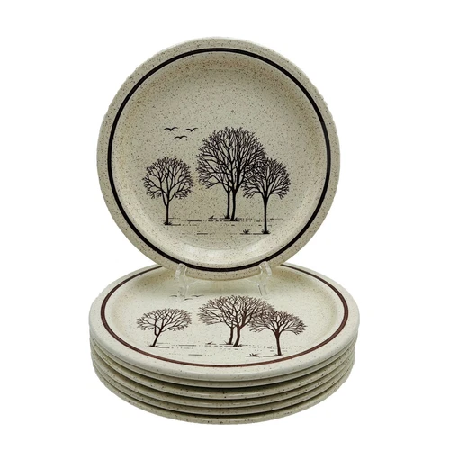 Homespun Stonecast Churchill TREES Set 7 Dinner Plates 10” Staffordshire England