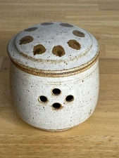Garlic Keeper w Lid Signed Pottery Stoneware Cook Clayworks Studio Art See